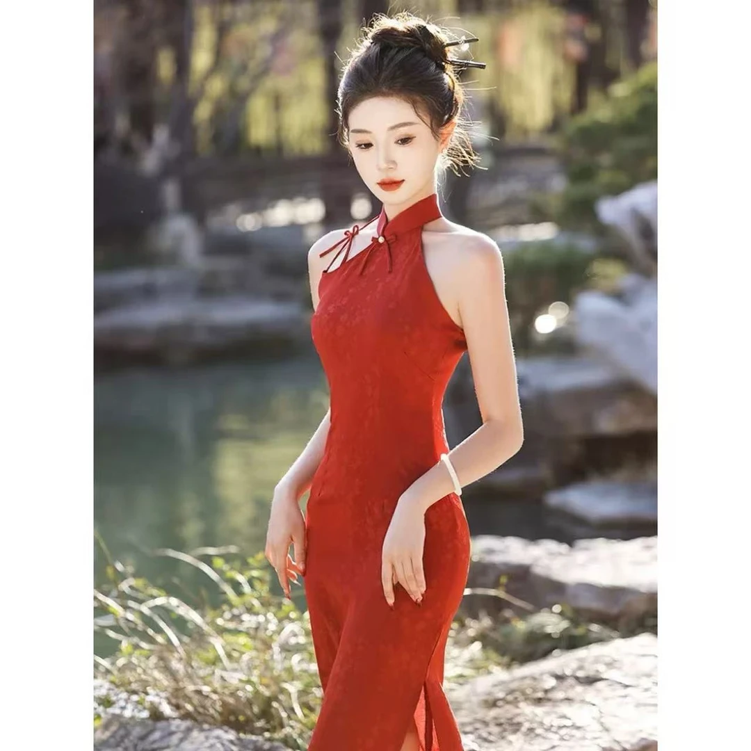 【C07】新中式红色旗袍改良绝美挂脖旗袍夏季敬酒新娘服