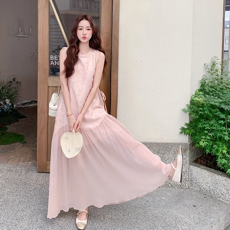 法式漂亮绝美温柔风粉色连衣裙女2025夏季新款超好看无袖背心长裙