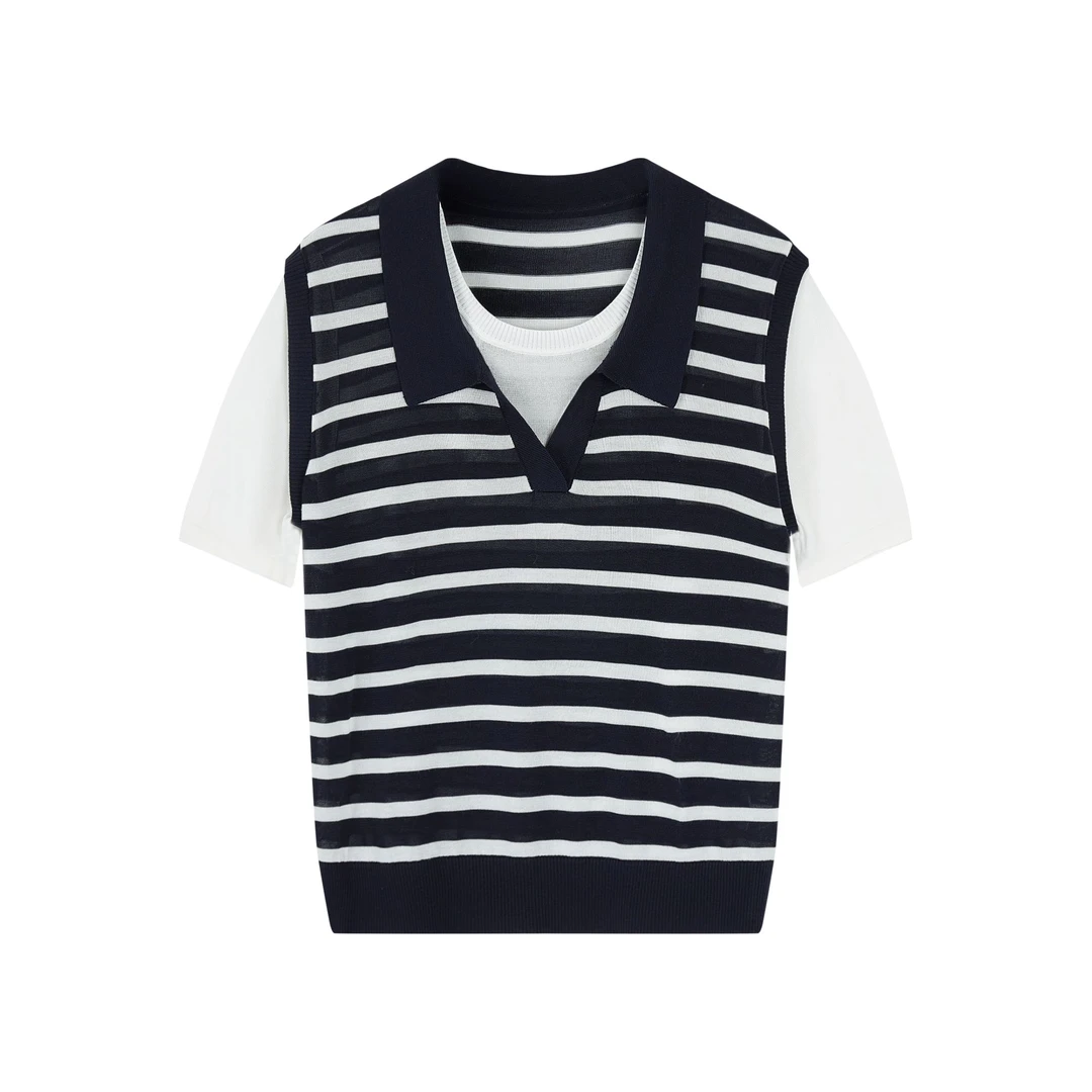 川禾织衣 夏季条纹假两件100纯兰精天丝短袖时尚针织T恤小衫上衣