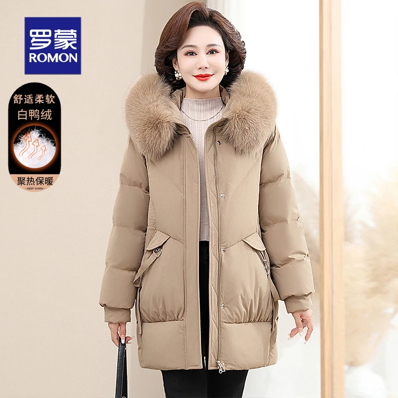 罗蒙羽绒服女2025冬季新款妈妈装国标90白鸭绒羽绒外套中老年女装