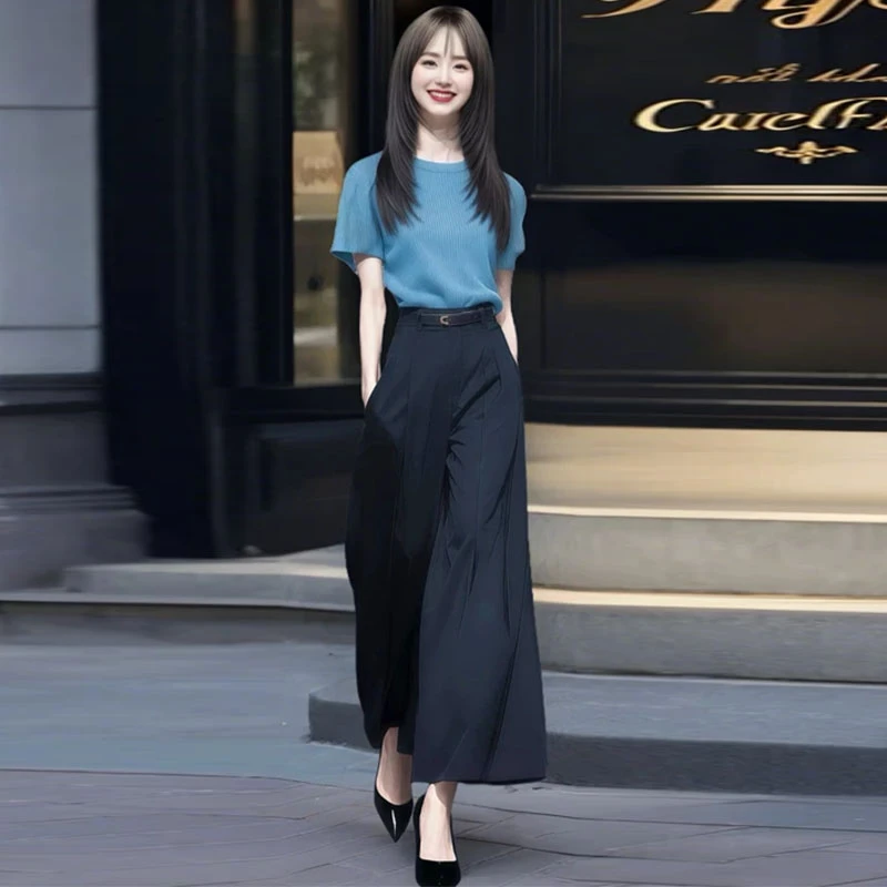 La babite时尚套装女夏季新款洋气显瘦短袖高腰阔腿裤气质两件套