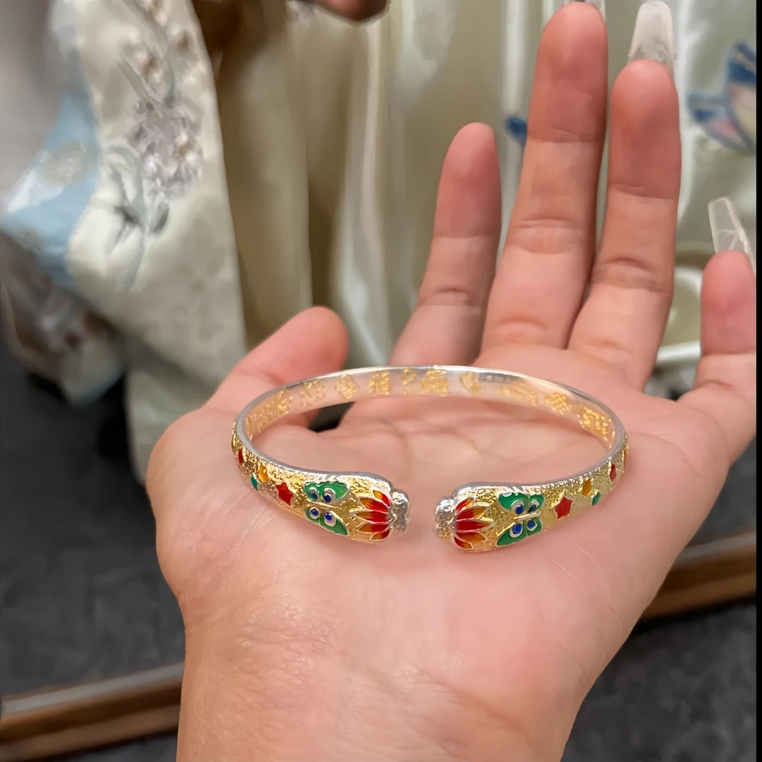 足银珐琅手镯 猫爪蝴蝶吉言珐琅银手镯-足银999.9 彩色国风32.5克