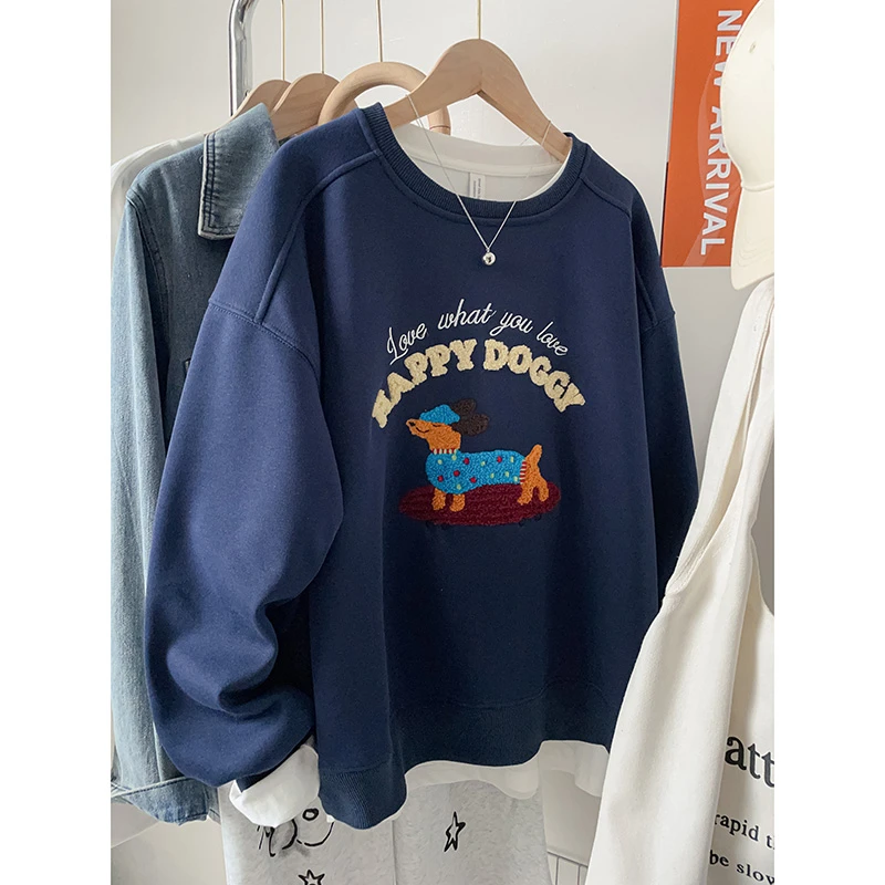 设计感刺绣春秋圆领卫衣外套女美式新款oversize宽松小众套头