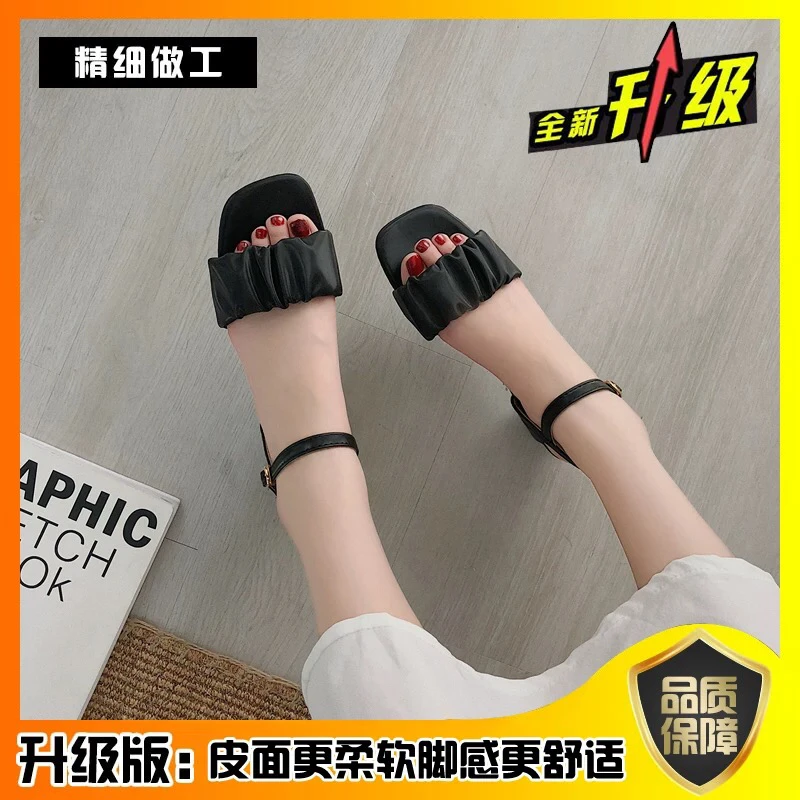 皮带扣尖头纯色中跟链子时装凉鞋仙女风欧若动感风