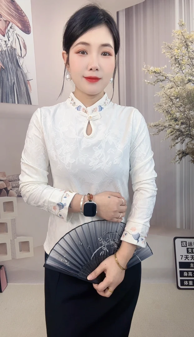 秋冬加绒刺绣长袖上衣新中式中国风打底衫设计感气质时尚女装2596