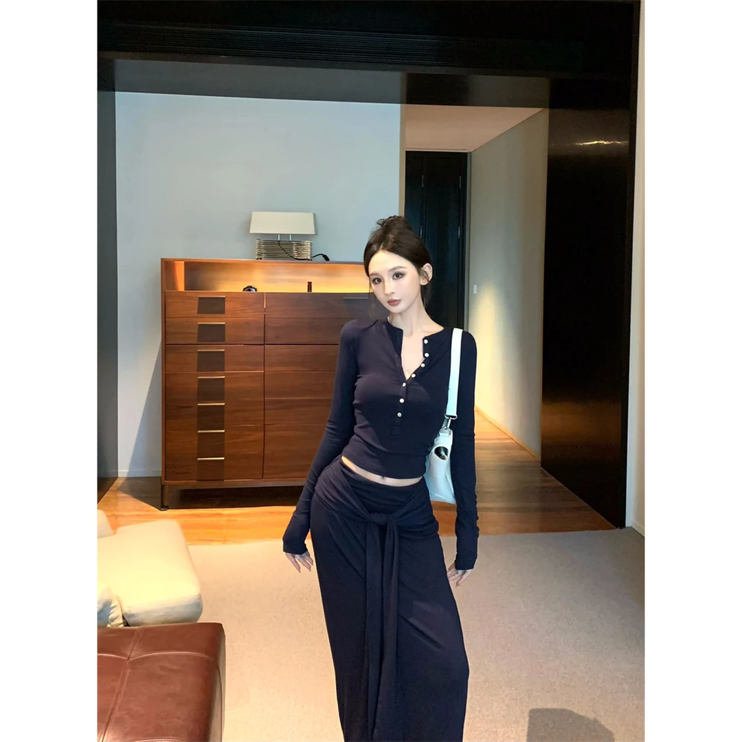 藏蓝色辣妹半开领长袖T恤女秋季休闲套装绑带包臀裙半身裙两件套