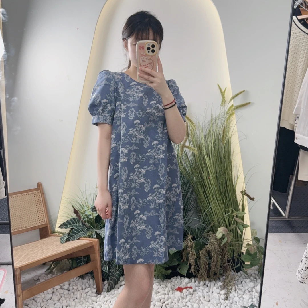 宽松泡泡袖显瘦提花印花圆领裙子蓝色中短袖女装夏季连衣裙