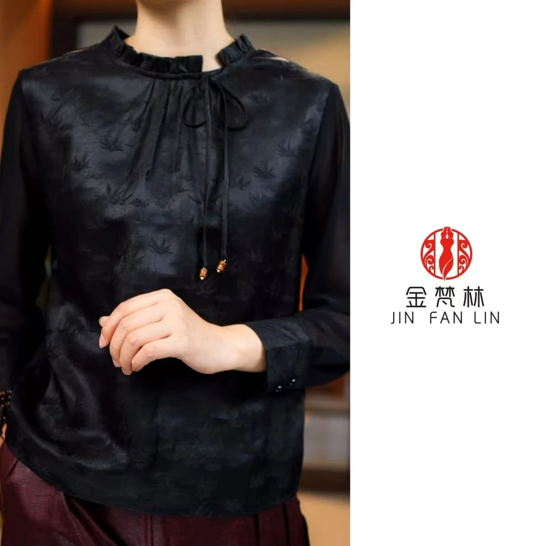 【歌尽倾君】新中式中国风设计款弹力网纱拼接打底衫中年妈妈装