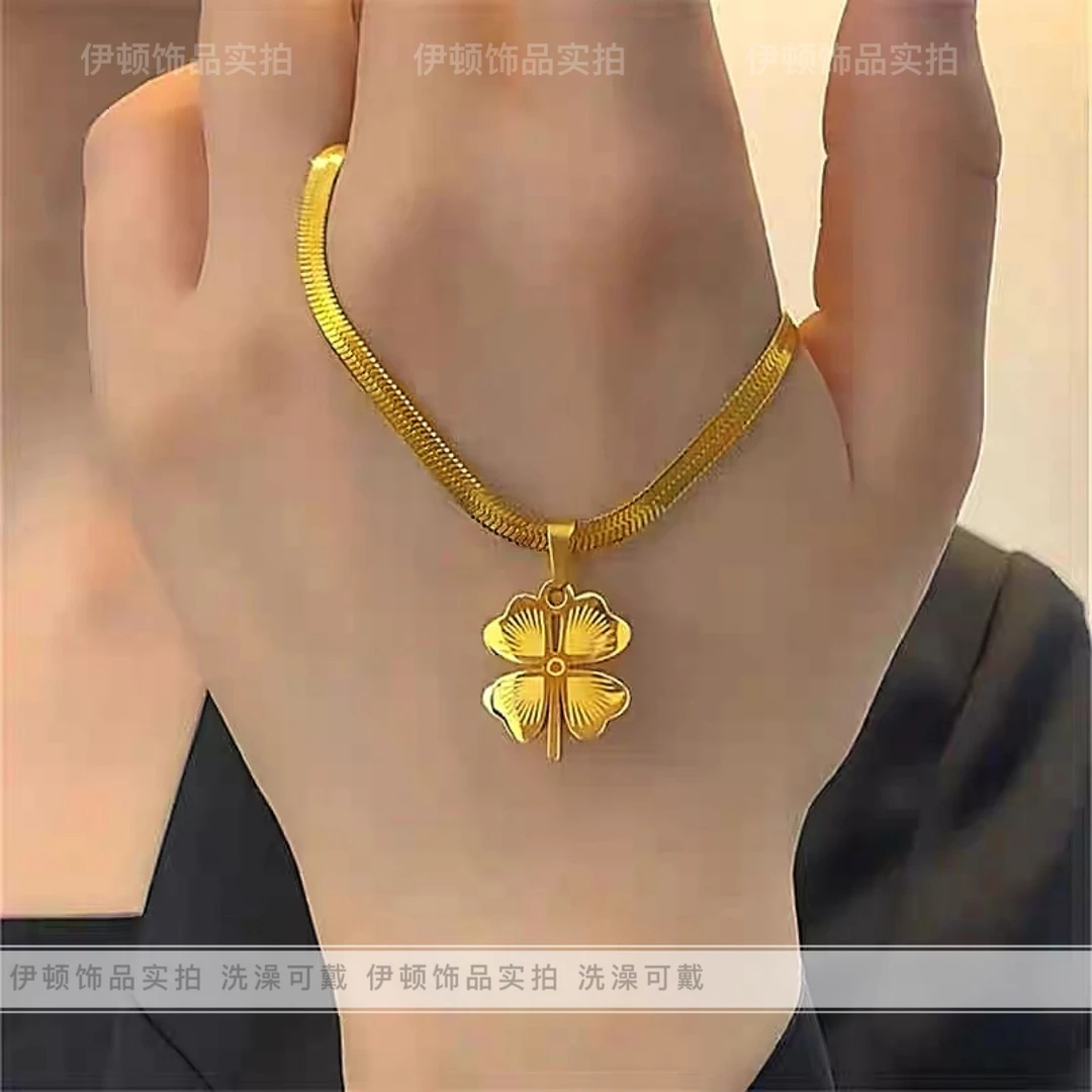 钛钢项链 小众设计不掉色新款简约百搭幸运草扁蛇骨链项链 可两戴