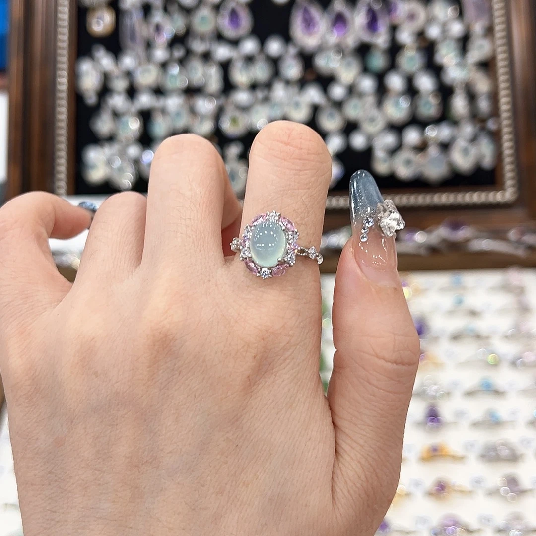 蛇纹石玉银S925镀金镶嵌戒指