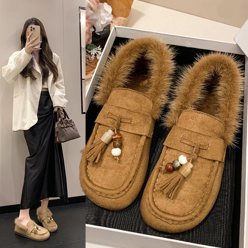 豆豆水貂毛女外穿2025秋冬新款单鞋平底勃肯鞋复古一脚蹬加绒棉鞋