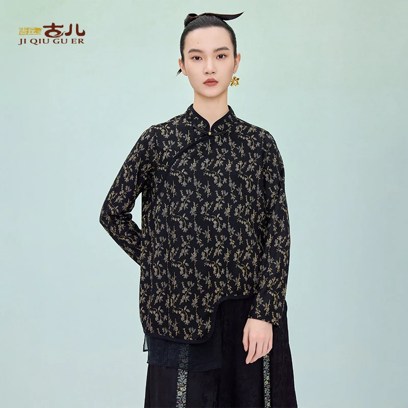 吉丘古儿花笺网纱拼接上衣新中式提花设计衬衫秋宽松女G251Y046
