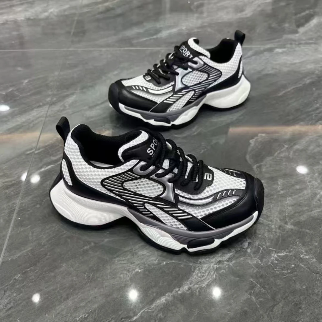 男鞋2025夏季新款潮流拼色真皮透气休闲老爹鞋时尚百搭网面运动鞋