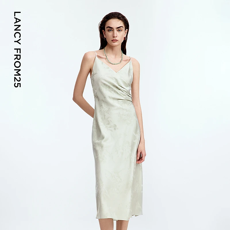 朗姿绿色吊带新中式长裙高级感气质垂坠感2025年夏季新款连衣裙女