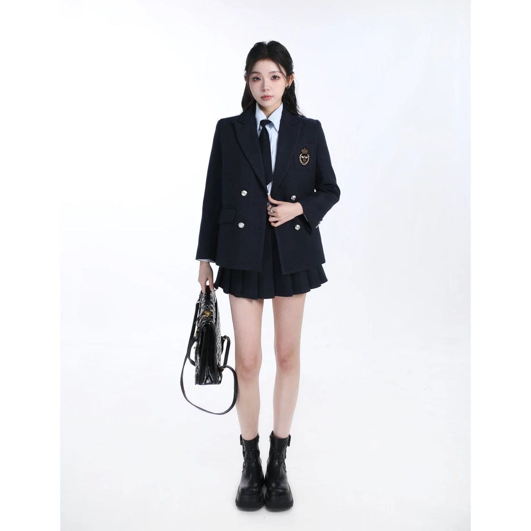 【学姐归来】妮子学院风双排扣宽松廓形徽章刺绣厚款纯色女套装