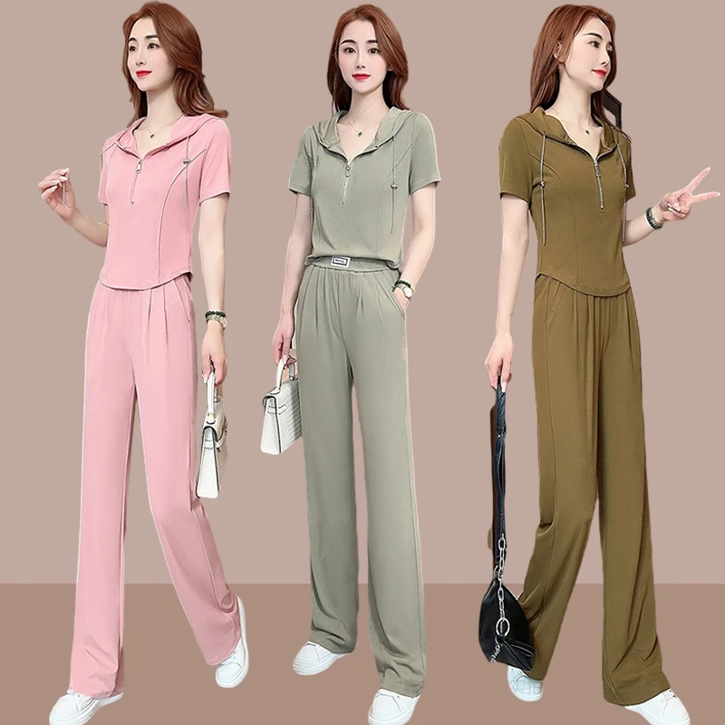 2025夏季新款休闲运动服套装女士女士小个子洋气短袖阔腿裤两件套