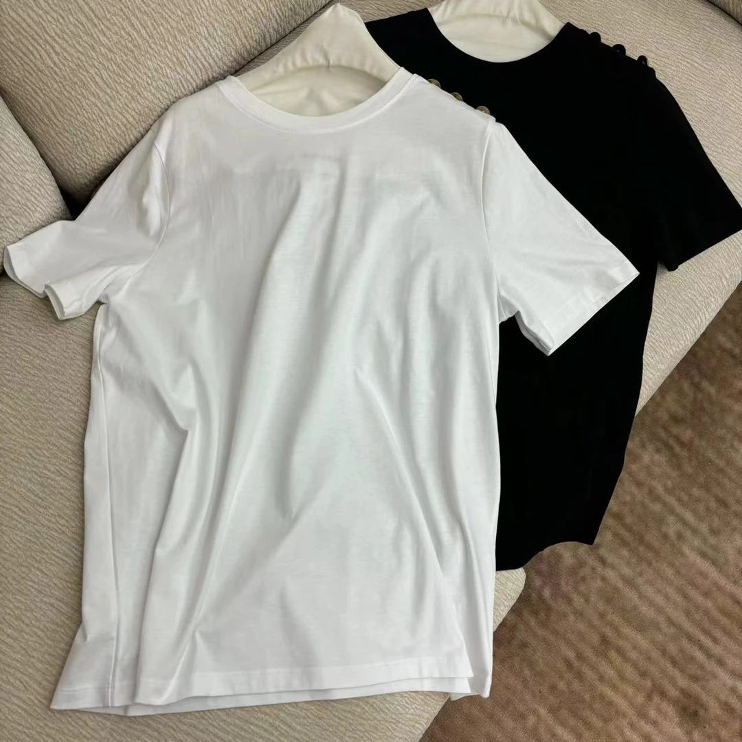 CSY1962 西班牙客人订单 肩上三粒扣金扣双色T恤