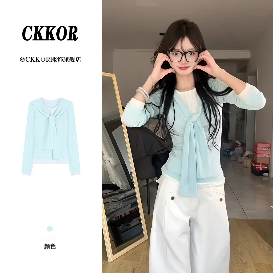 CKKOR早秋新款洋气假两件长袖t恤女生韩系ins衣服修身显瘦高级感