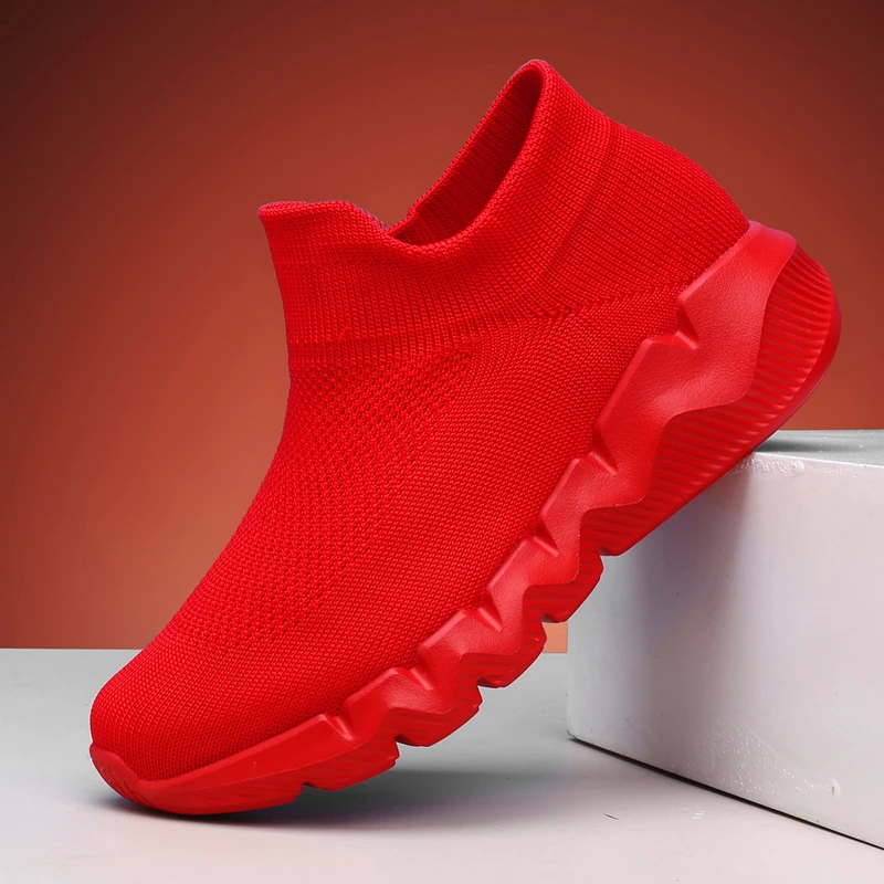 单网本命年红色八健步鞋夏季透气特软底一脚蹬休闲情侣跑步袜子鞋