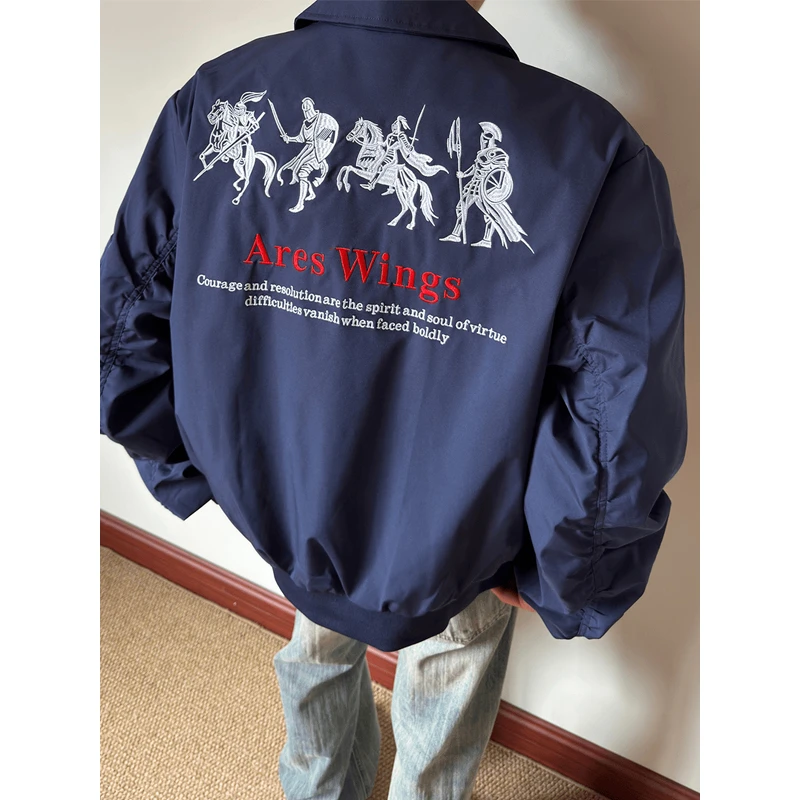 藏青色街头战马刺绣棒球服外套男春秋款美式复古翻领短款飞行夹克