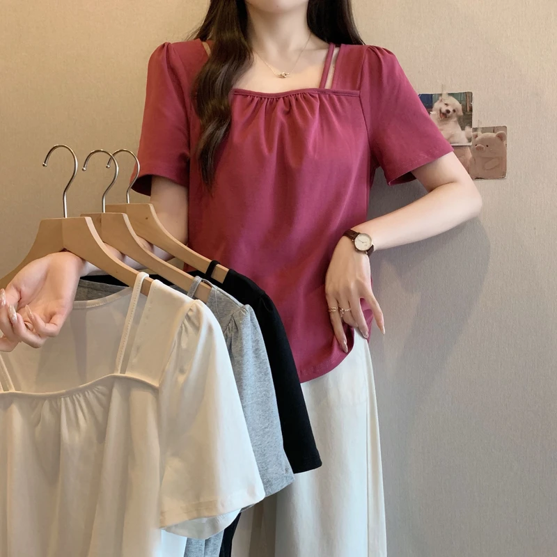 2025夏季新款大码女装胖mm方领短袖T褶皱设计感洋气减龄显瘦上衣