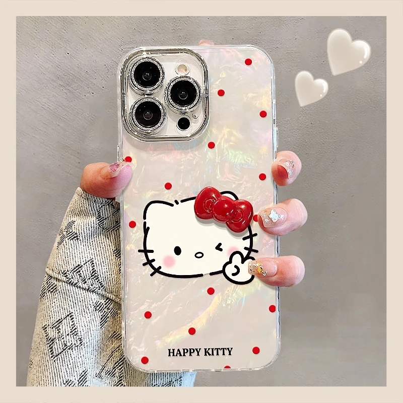 比耶KT猫适用苹果15promax/13精孔贝壳纹iPhone16/14手机壳11/12