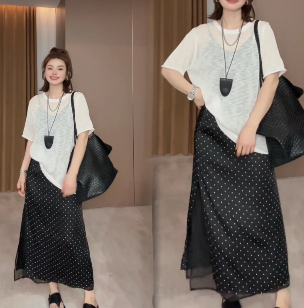2025夏款新品【设计感内里拼纱轻薄侧开叉波点半身裙】