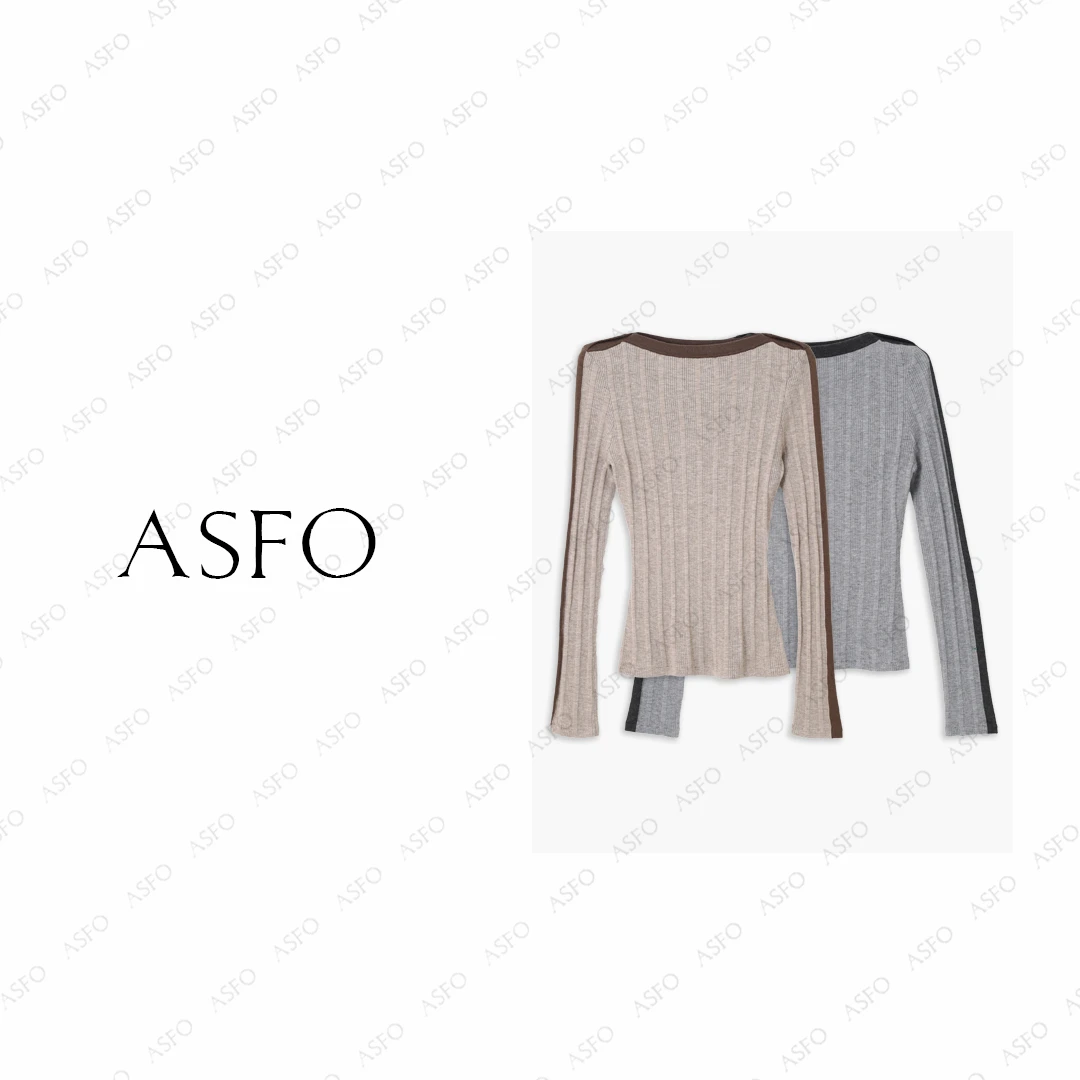 【AS一字肩】 25新撞色坑条一字肩开叉长袖修身针织衫AS25QZZ04117