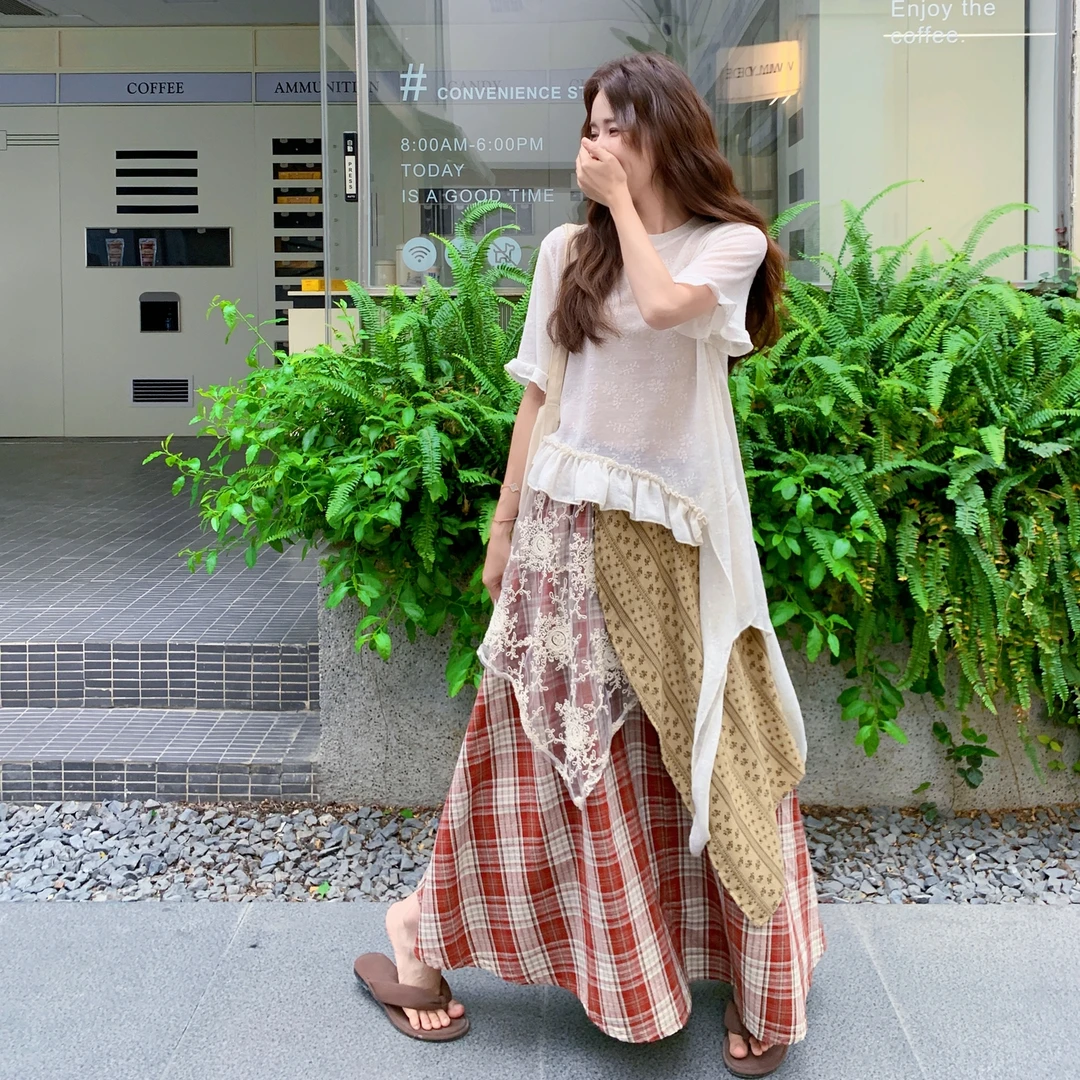 复古不规则蕾丝拼接半身裙女夏季2025新款格子半裙显瘦a字裙套装