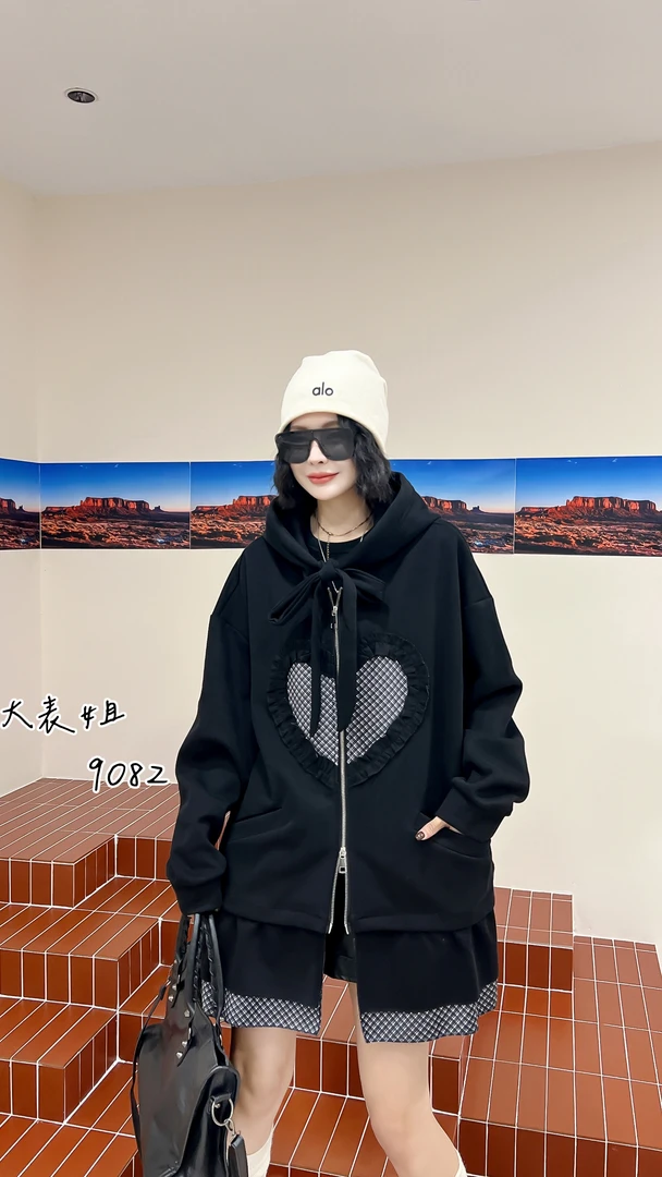 9082中长款卫衣外套美式复古风大码女装大码外套秋季连帽外套