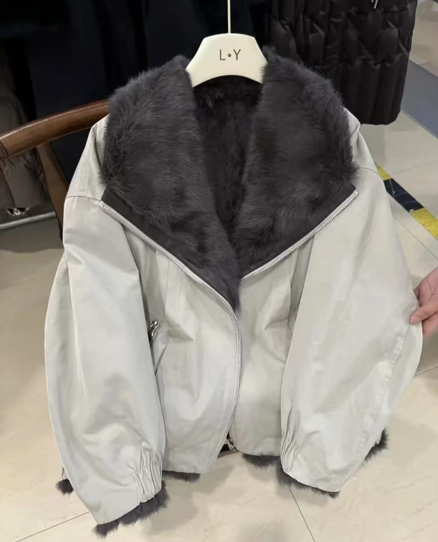 2025新款休闲气质两面穿兔毛皮毛一体短款时尚百搭派克外套女