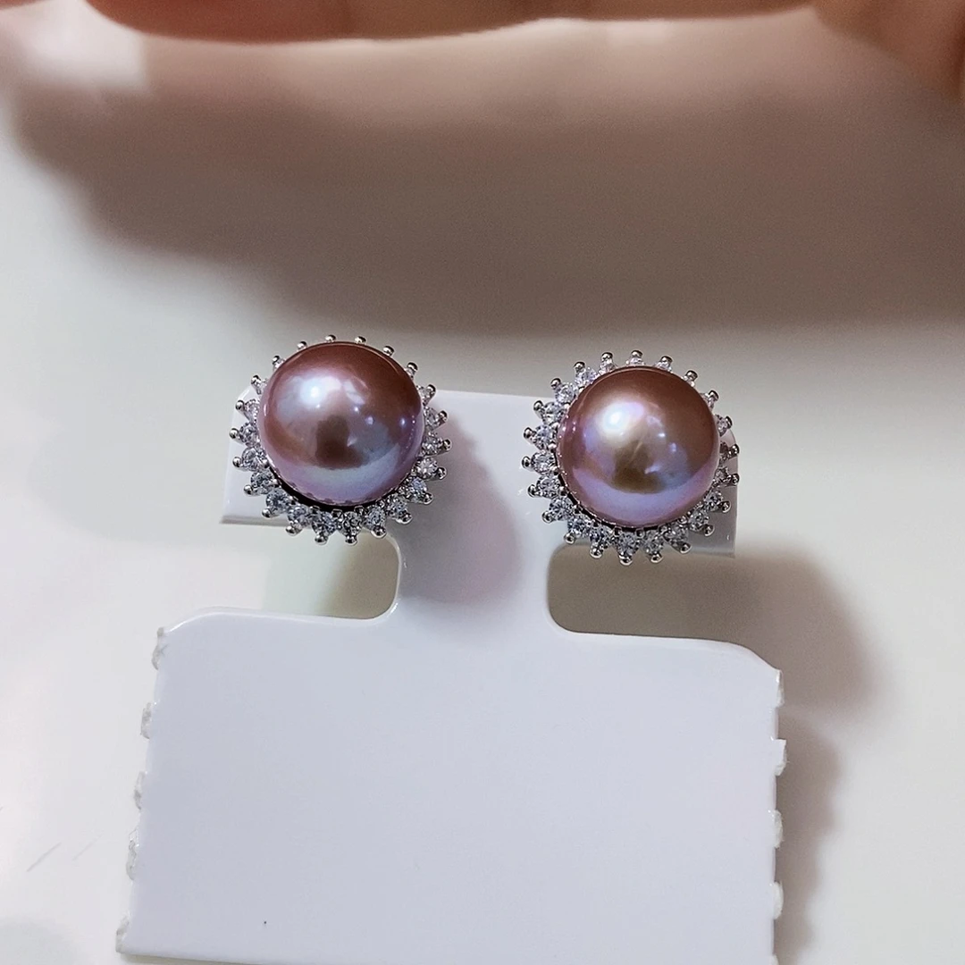 银S925镶嵌8A特价极光温柔紫耳饰9.8mm淡水珍珠