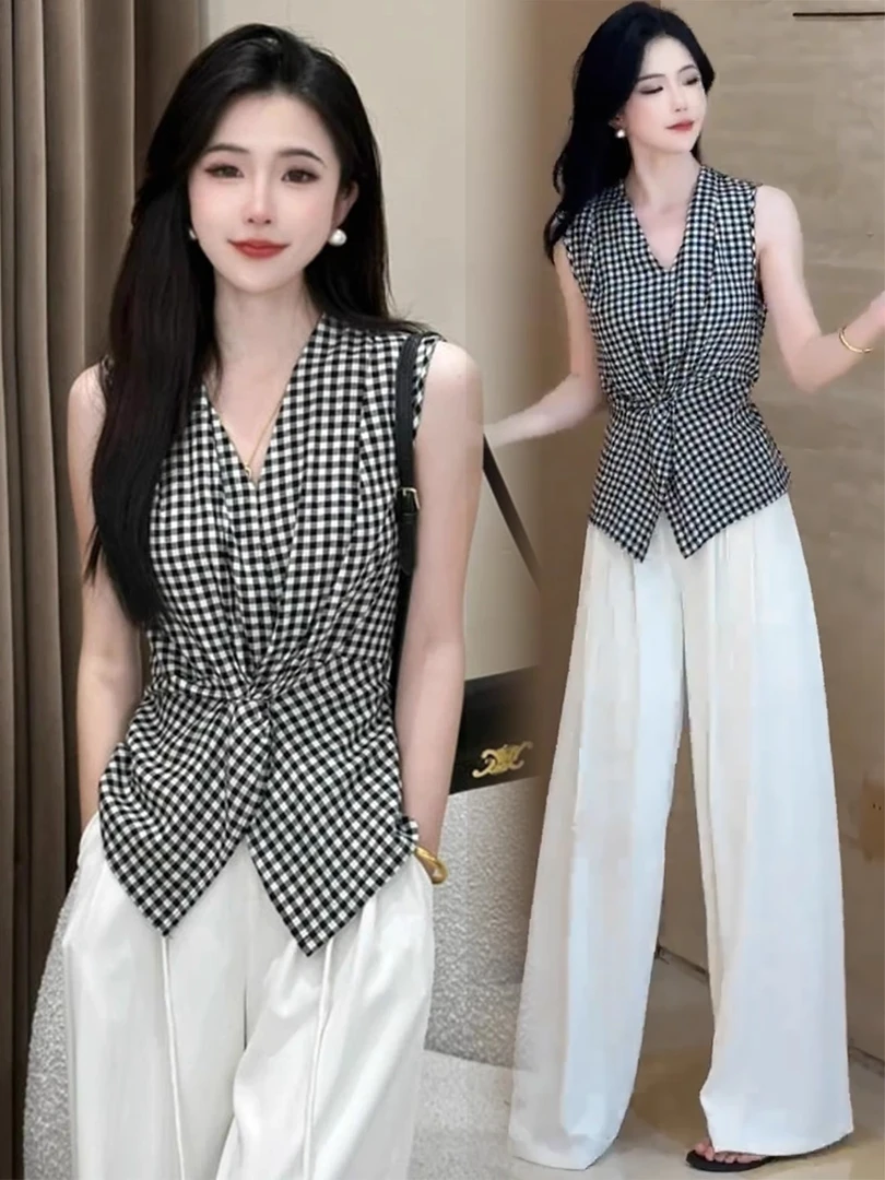 复古黑白格子扭结背心衬衫女夏季收腰显瘦设计感法式无袖V领上衣