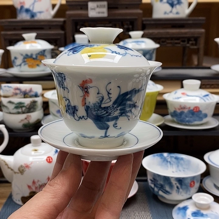 手绘微瑕公鸡盖碗