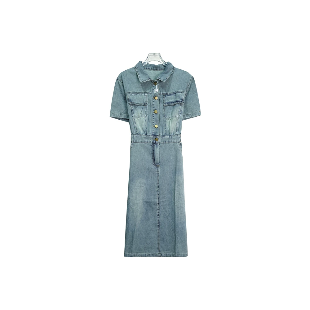 E7214【新款】港风时髦翻领显瘦收腰开叉牛仔短袖连衣裙3X