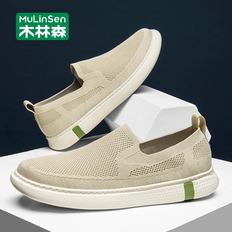木林森男士网面鞋2025新款秋季薄款飞织透气休闲软底一脚蹬布鞋男