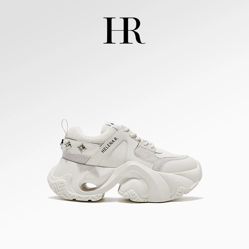 HR/赫莲娜秋季时尚百搭板鞋真皮米白潮流休闲厚底女鞋系带女士ins