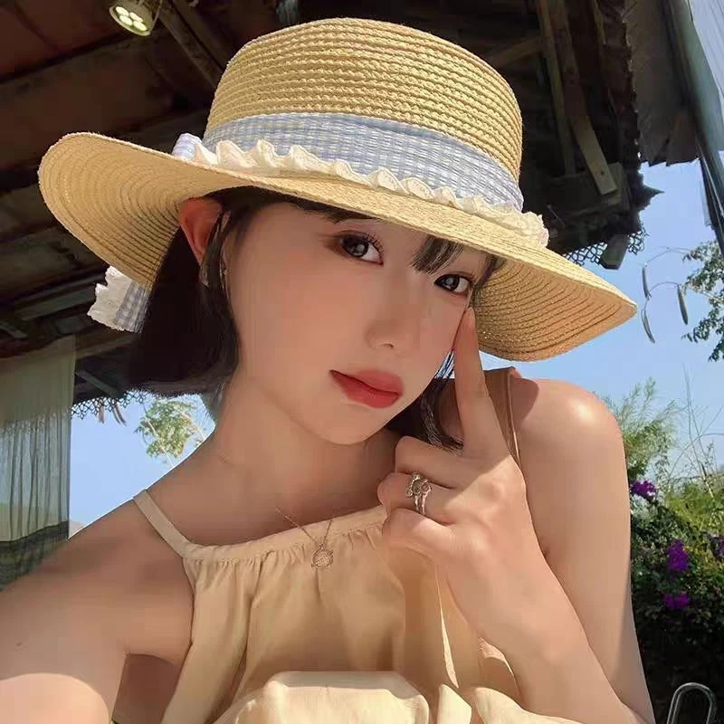 2025新款蝴蝶结蓝格子平顶赫本草帽女夏季度假防晒帽海边太阳帽子