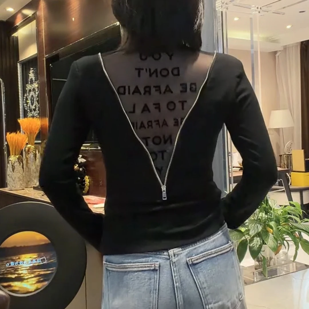 轻奢洋气显瘦性感美背拉链长袖打底衫