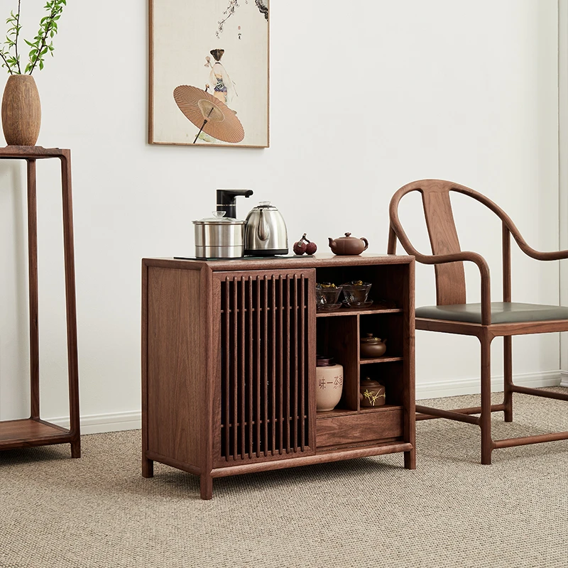 新中式茶水柜实木黑胡桃木茶边柜侧柜烧水柜烧水壶一体置物架