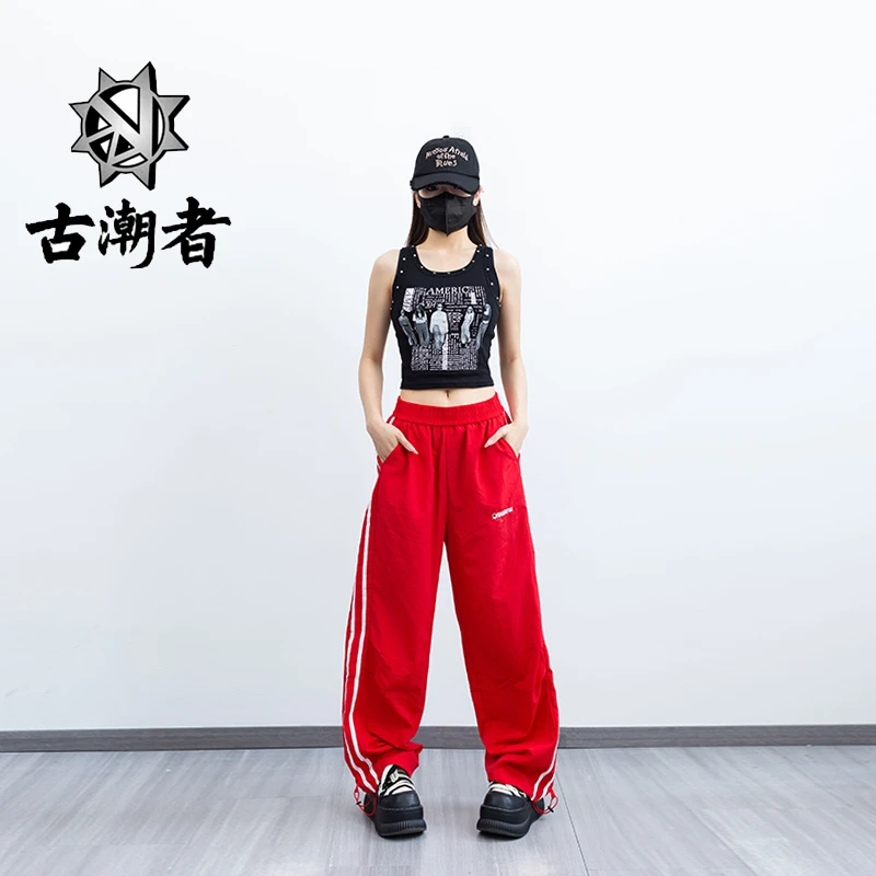 薄款工装裤条纹拼接夏季休闲裤撞色街舞长裤宽松阔腿裤显瘦