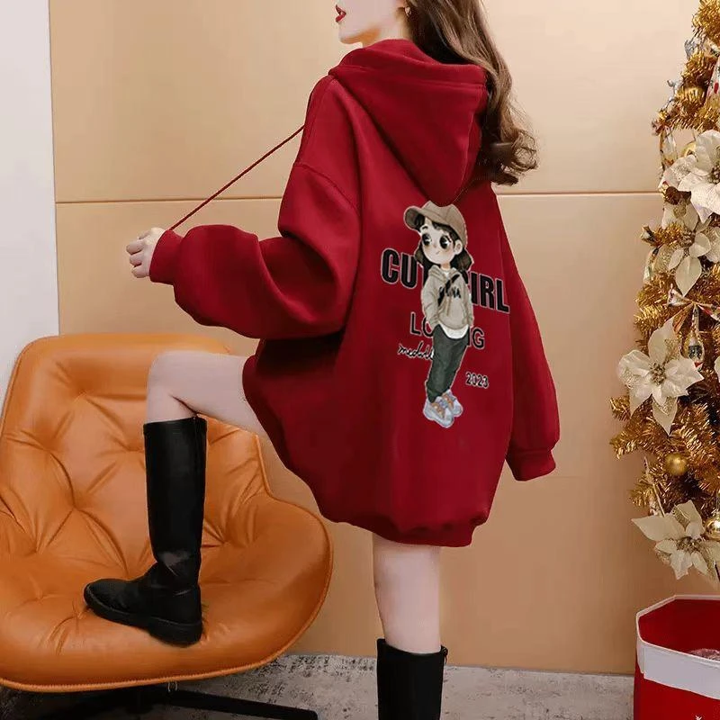 2025秋冬新款连帽卫衣女加绒加厚中长款宽松慵懒风显瘦百搭上衣潮