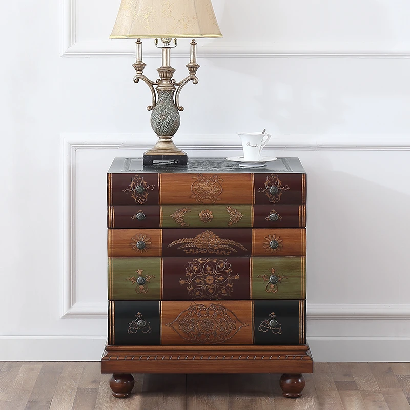 美式三斗柜客厅沙发边柜彩绘书本造型收纳装饰柜4163