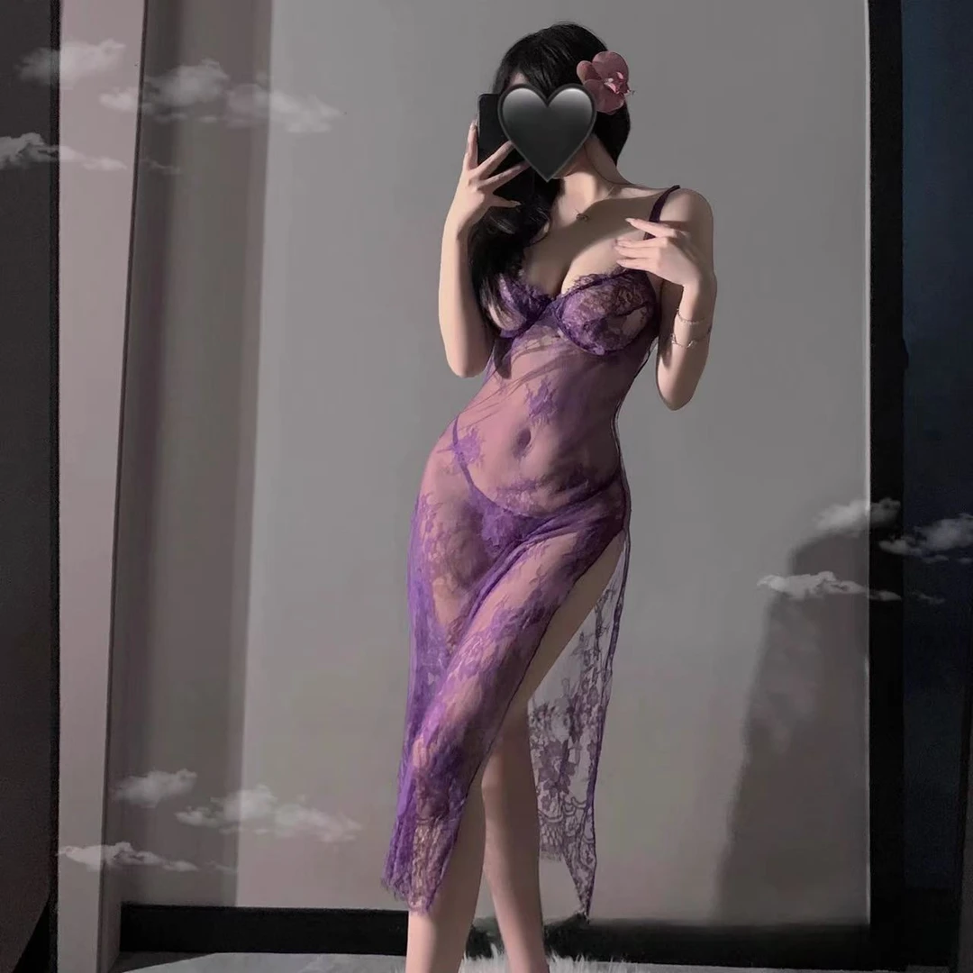 情侣趣味新款紫色蕾丝女性感薄纱微透套装睡裙闺房约会战袍