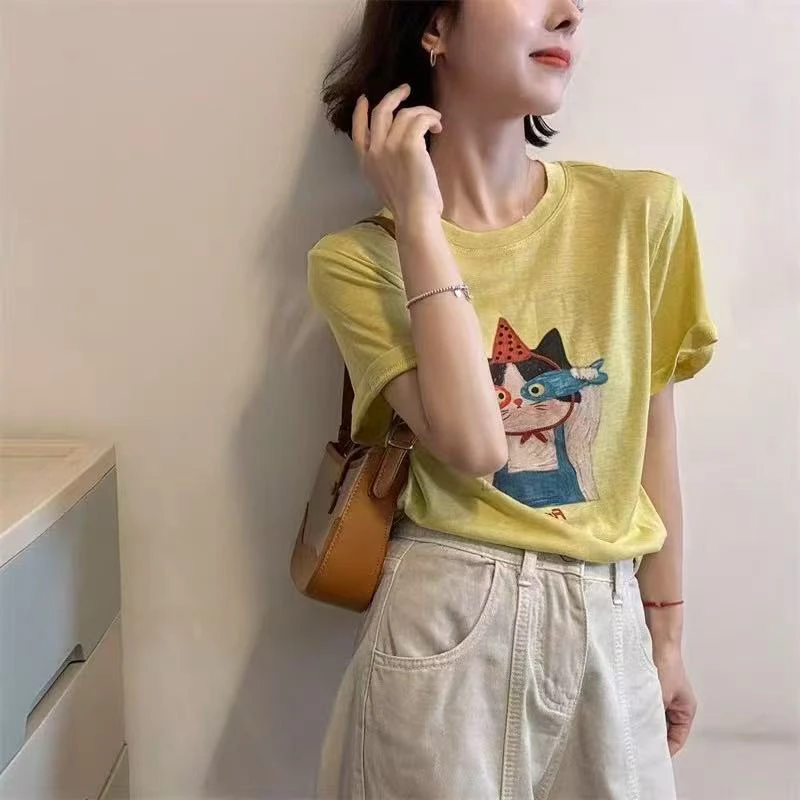 2025夏季新款时尚圆领卡通印花短袖T恤女韩版宽松显瘦百搭上衣潮