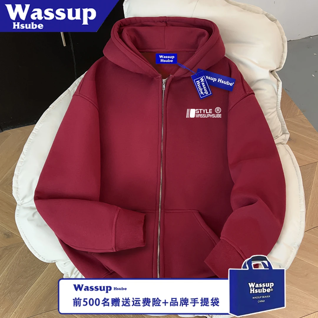 WASSUP HSUBE宽松情侣拉链印花简约几何字母百搭长袖秋冬连帽上衣