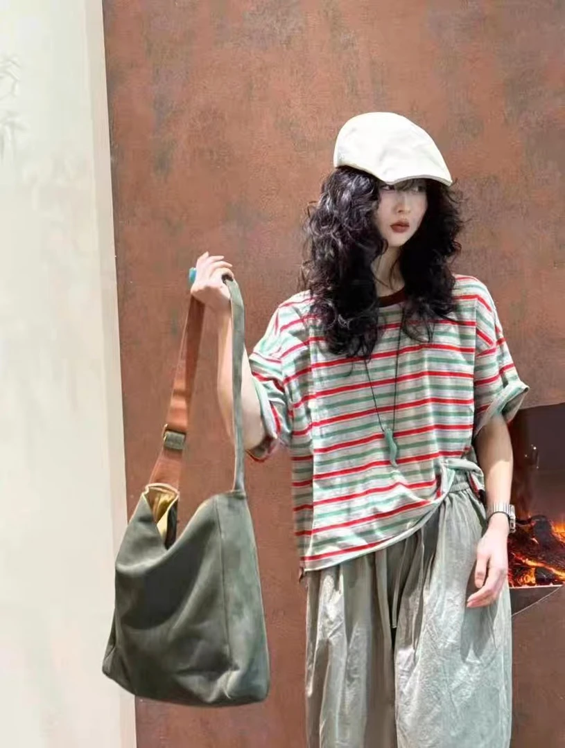 短袖t恤女2025新款爆款夏季韩版休闲宽松拼色彩条纹棉质半袖上衣