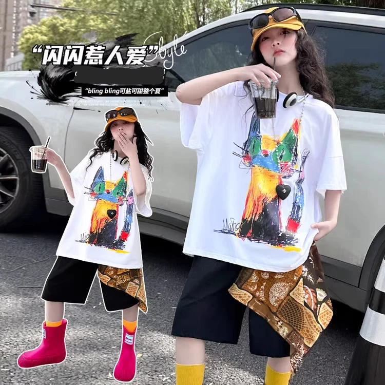 女童夏季新款2025轻薄潮款彩绘涂鸦猫咪设计短袖T恤宽松休闲上衣