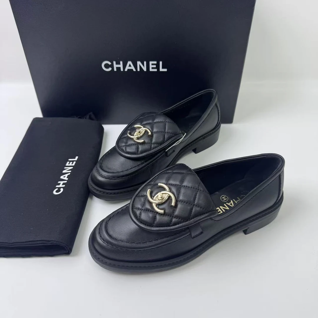 未使用 Chanel/香奈儿 36码/仔仔女鞋/全套黑色格纹双C乐福鞋1856