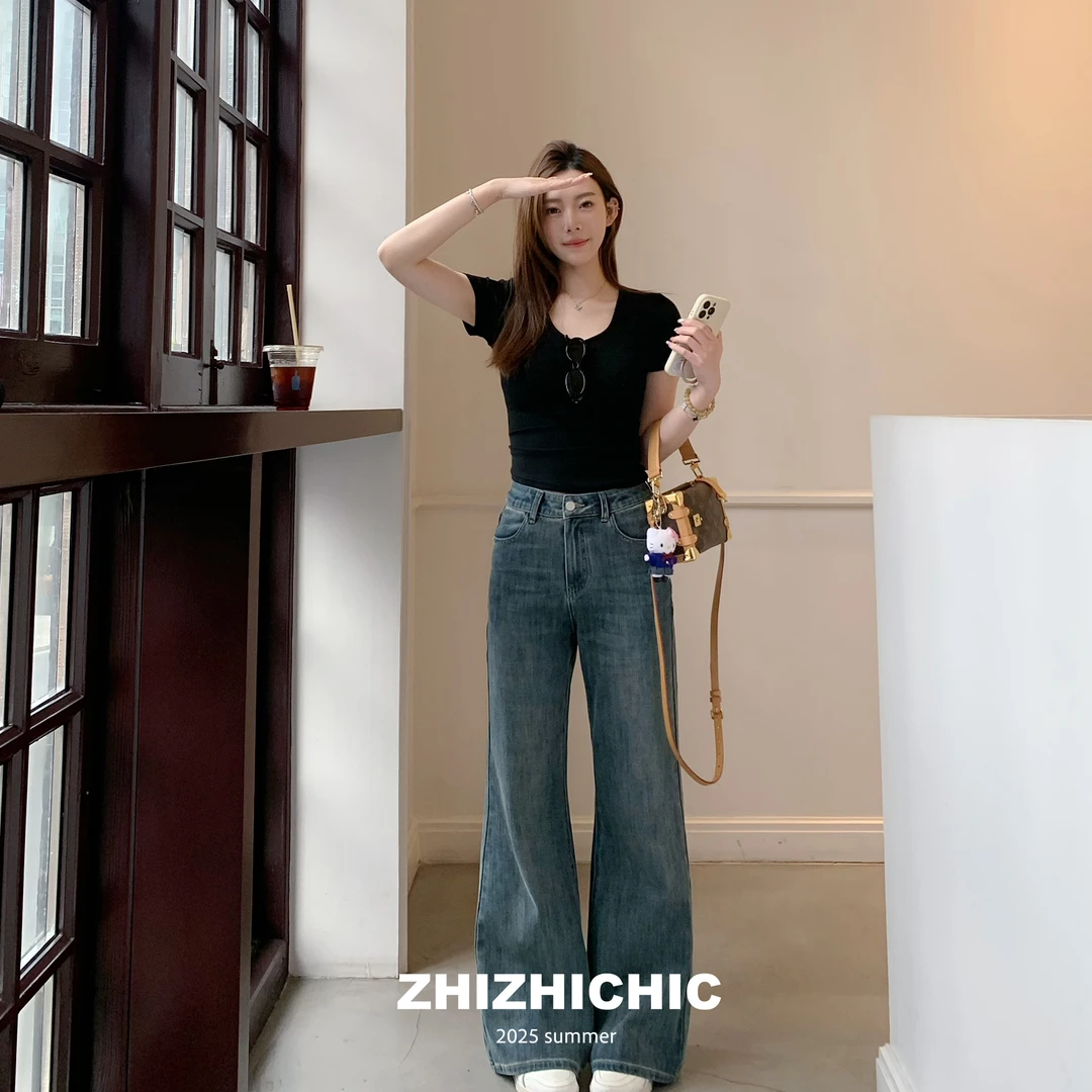 ZHIZHICHIC【私服牛仔裤】夏季四面弹绵软百搭薄款直筒微喇叭牛仔裤